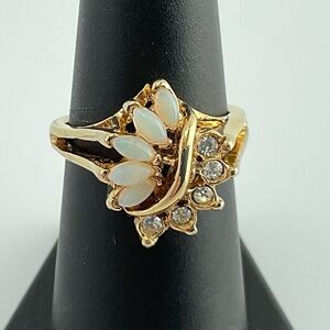 Vintage, Faux Opal & Clear Rhinestone Crystal Ring, Signed Uncas